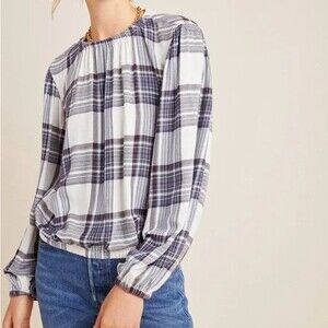 Cloth & Stone Anthropologie Plaid Tunic Boho Flowy Balloon Sleeve Soft Coastal